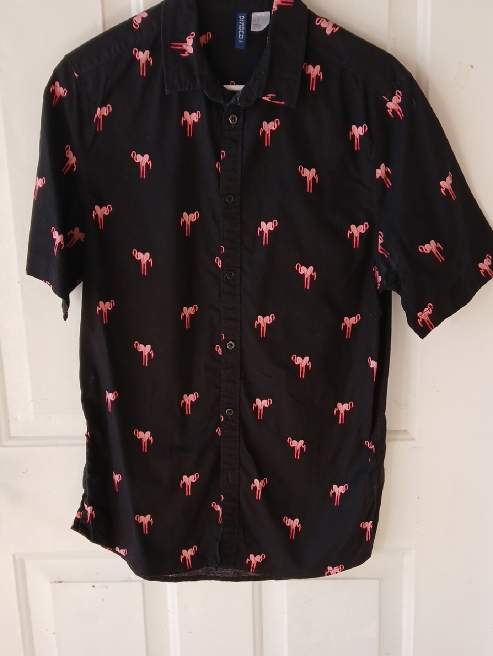 Divided Black Short-Sleeve Button-Down with Pink Flamingo Print